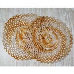 2 Antique Handmade Crochet Round Doilies in Shades of Orange